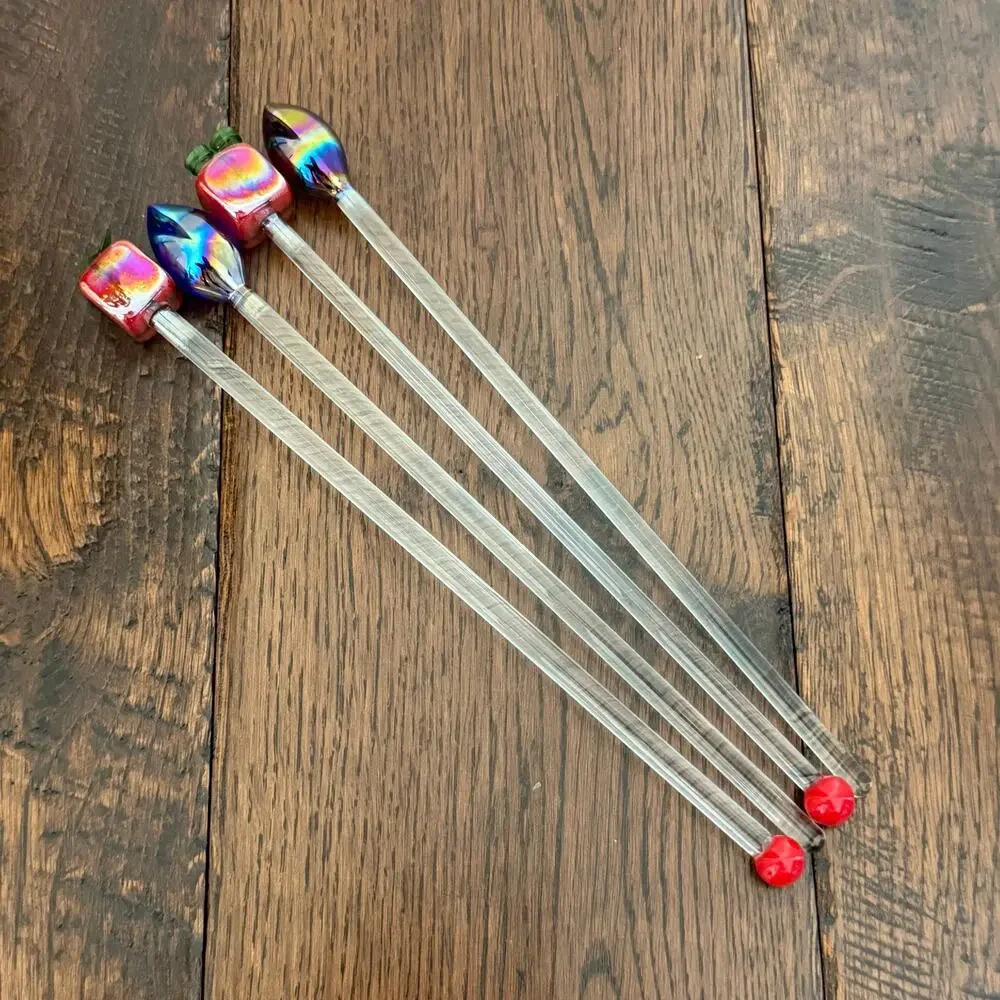 Vintage Set of 4 Glass Christmas Swizzle Sticks – Present & Light Bulb Stirrers
